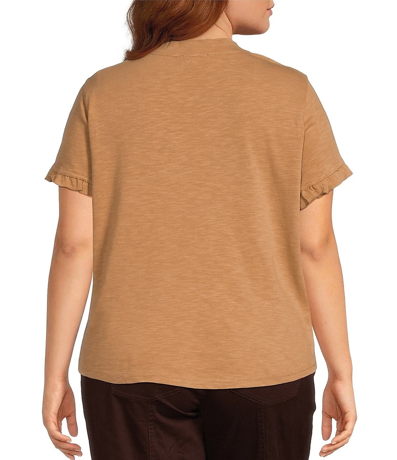 Democracy Plus Size Embroidered Crew Neck Ruffle Short Sleeve Top
