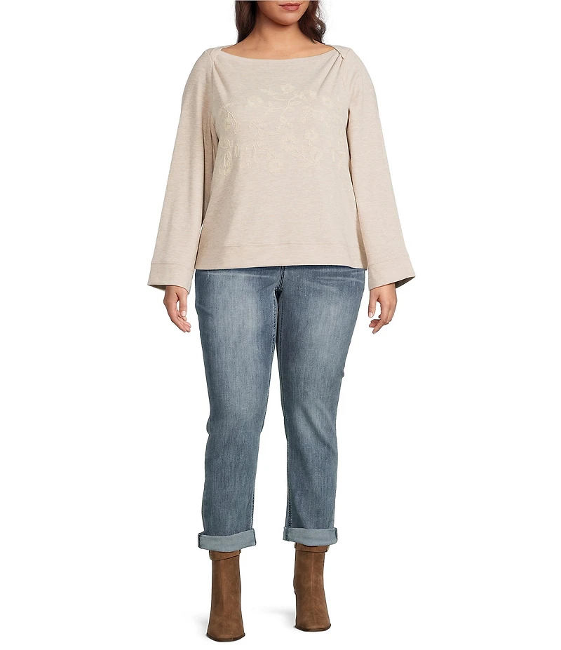 Democracy Plus Size Embroidered Floral Boat Neck Long Bell Sleeve Knit Top