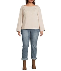 Democracy Plus Size Embroidered Floral Boat Neck Long Bell Sleeve Knit Top