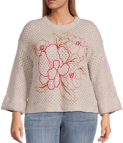 Democracy Plus Size Embroidered Floral Round Neck Long Sleeve Openwork Sweater