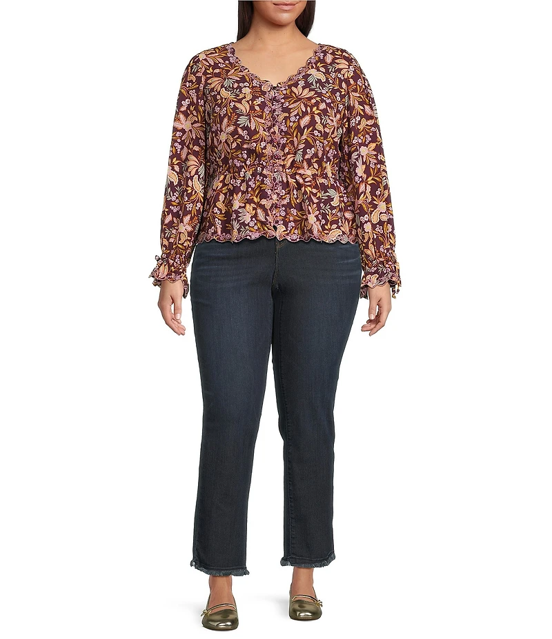 Democracy Plus Size Embroidered Floral V-Neck Tie Sleeve Peplum Top