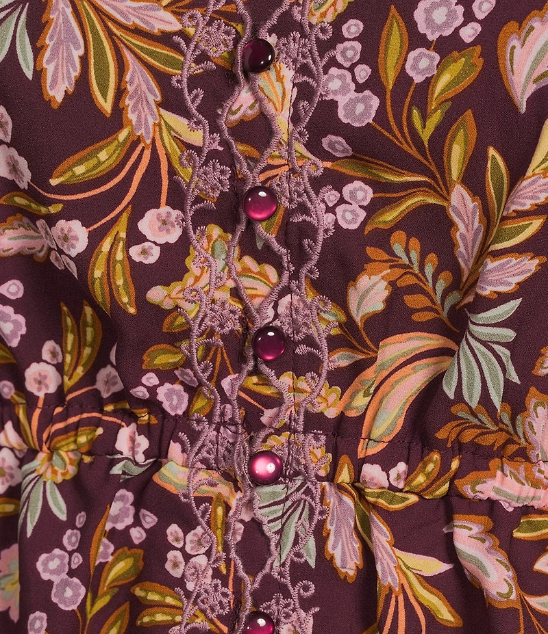 Democracy Plus Size Embroidered Floral V-Neck Tie Sleeve Peplum Top