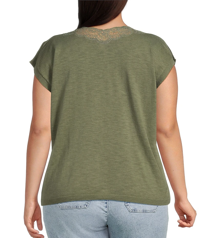 Democracy Plus Size Embroidered Lace V-Neck Short Split Sleeve Sweater Top