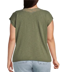 Democracy Plus Size Embroidered Lace V-Neck Short Split Sleeve Sweater Top