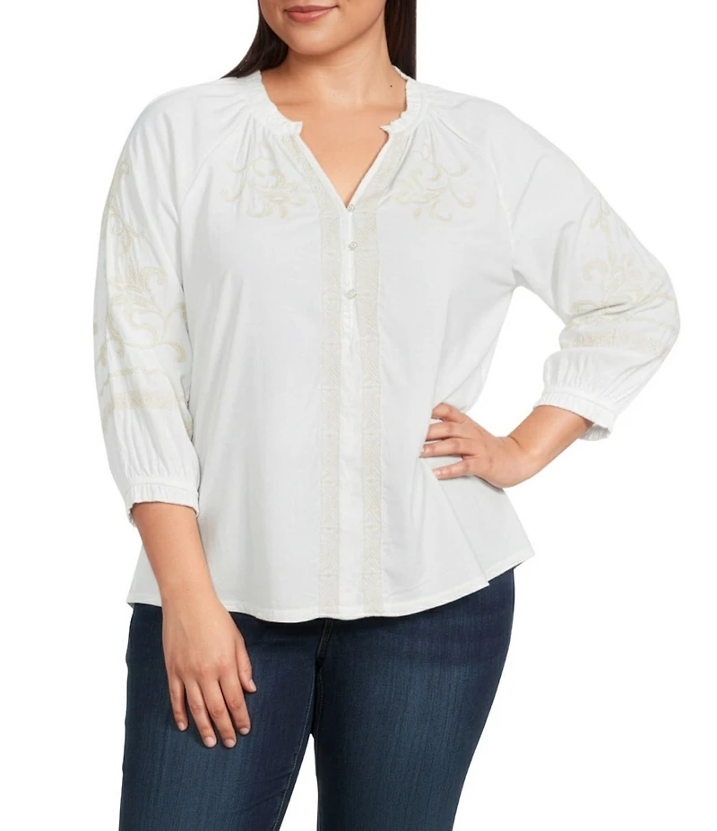 Democracy Plus Size Embroidered Mixed Media Ruffle Split V-Neck 3/4 Blouson Sleeve Top