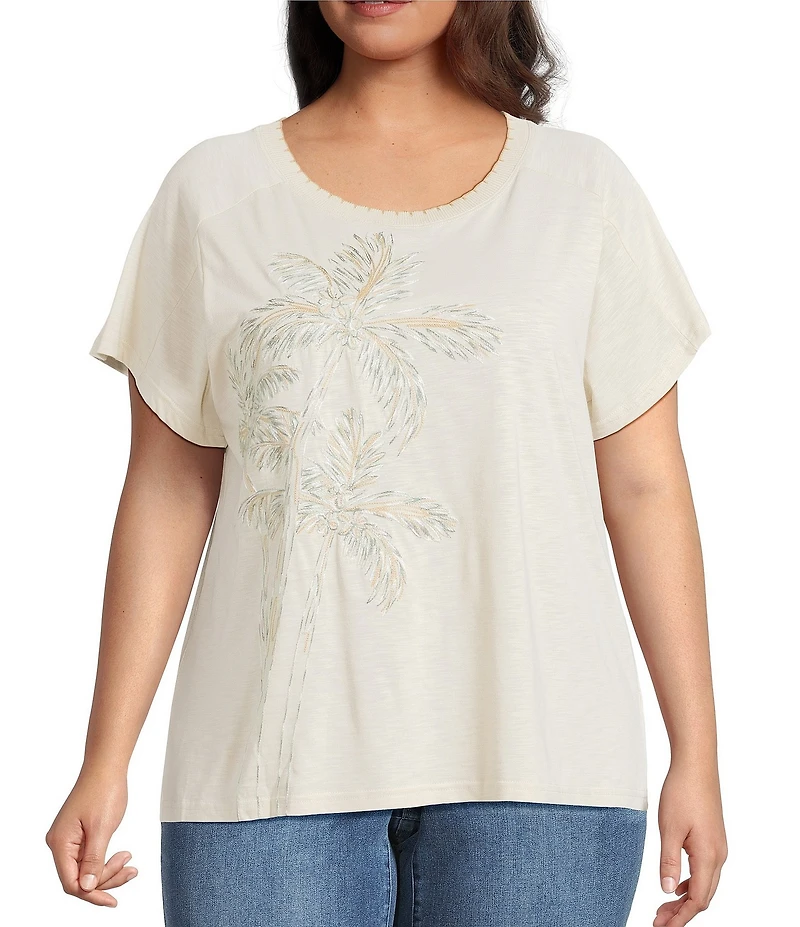 Democracy Plus Size Embroidered Placement Print Scalloped Crew Neck Short Sleeve Boyfriend Tee