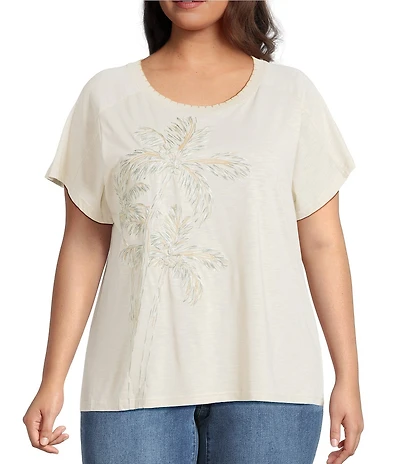 Democracy Plus Size Embroidered Placement Print Scalloped Crew Neck Short Sleeve Boyfriend Tee