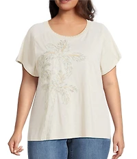 Democracy Plus Size Embroidered Placement Print Scalloped Crew Neck Short Sleeve Boyfriend Tee
