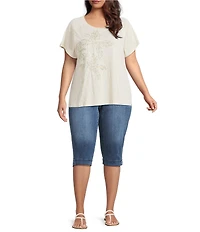 Democracy Plus Size Embroidered Placement Print Scalloped Crew Neck Short Sleeve Boyfriend Tee