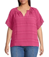 Democracy Plus Size Embroidered Ruffle Split V-Neck Short Sleeve Top