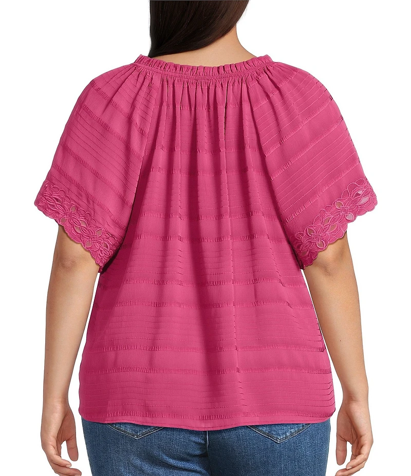 Democracy Plus Size Embroidered Ruffle Split V-Neck Short Sleeve Top