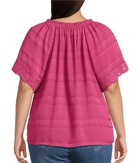 Democracy Plus Size Embroidered Ruffle Split V-Neck Short Sleeve Top