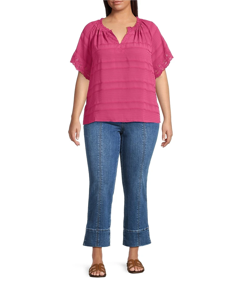 Democracy Plus Size Embroidered Ruffle Split V-Neck Short Sleeve Top