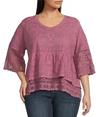 Democracy Plus Size Embroidered Scoop Neck 3/4 Bell Sleeve Peplum Top