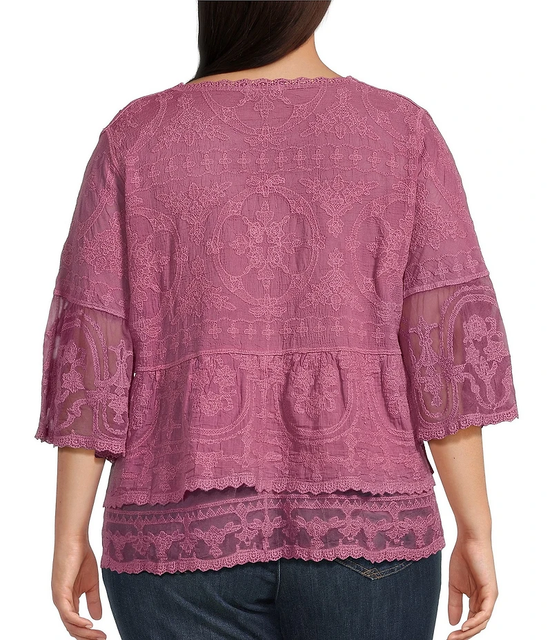 Democracy Plus Size Embroidered Scoop Neck 3/4 Bell Sleeve Peplum Top