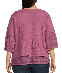 Democracy Plus Size Embroidered Scoop Neck 3/4 Bell Sleeve Peplum Top