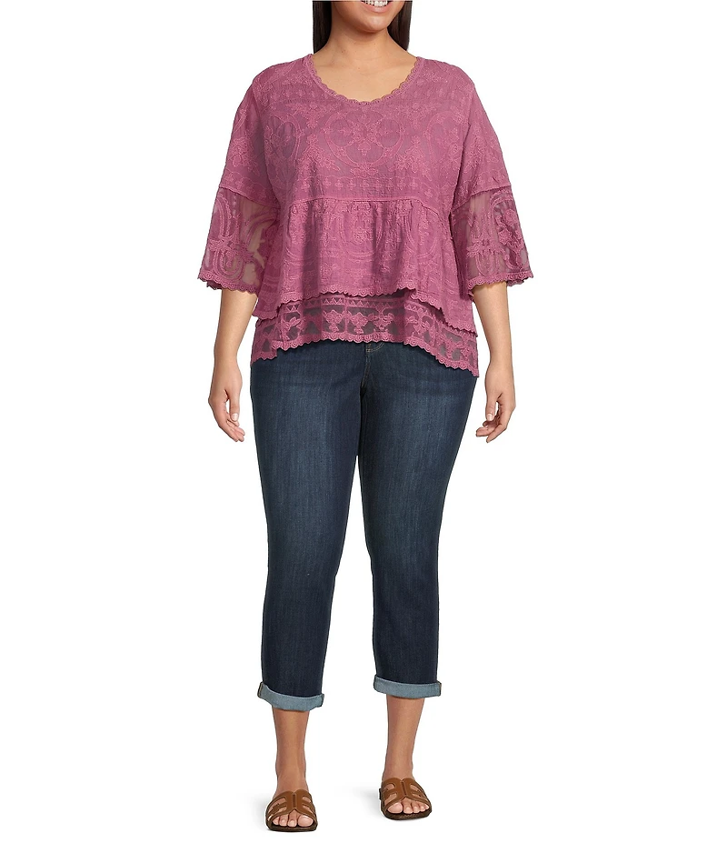 Democracy Plus Size Embroidered Scoop Neck 3/4 Bell Sleeve Peplum Top