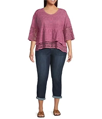 Democracy Plus Size Embroidered Scoop Neck 3/4 Bell Sleeve Peplum Top