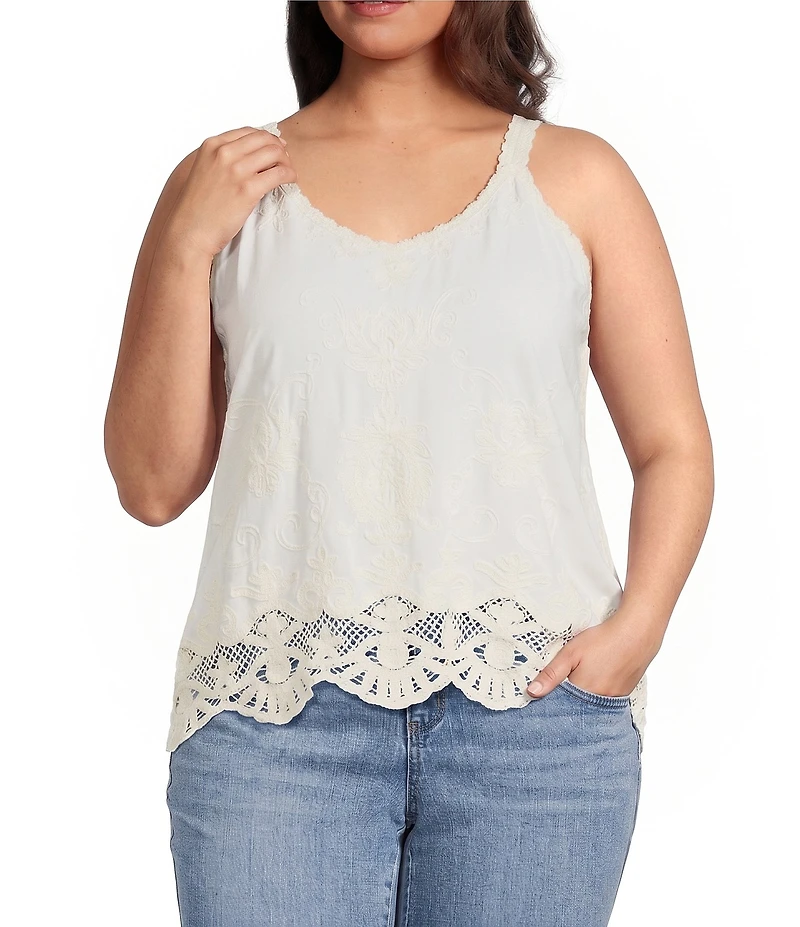 Democracy Plus Size Embroidered V-Neck Sleeveless Scalloped Hem Tank Top