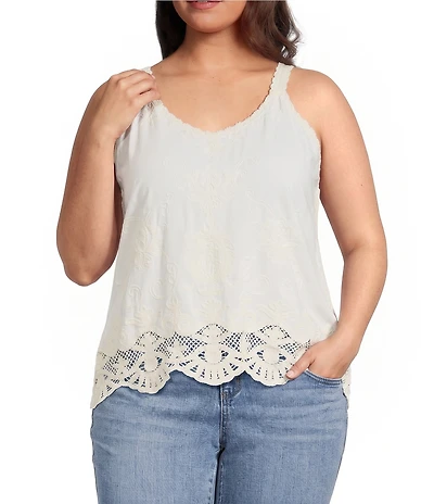 Democracy Plus Size Embroidered V-Neck Sleeveless Scalloped Hem Tank Top
