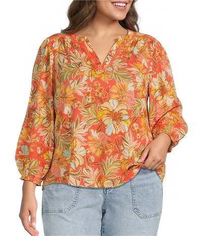 Democracy Plus Size Floral Knit Mandarin Split V-Neck 3/4 Blouson Sleeve Shirt