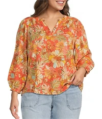 Democracy Plus Size Floral Knit Mandarin Split V-Neck 3/4 Blouson Sleeve Shirt