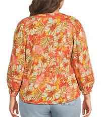 Democracy Plus Size Floral Knit Mandarin Split V-Neck 3/4 Blouson Sleeve Shirt