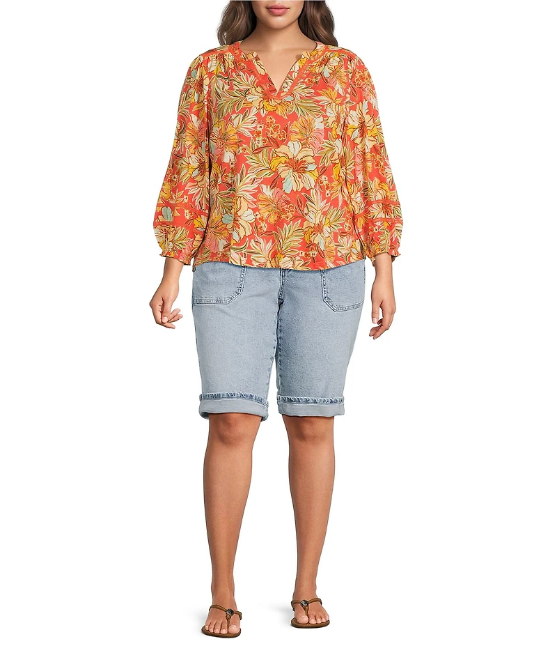 Democracy Plus Size Floral Knit Mandarin Split V-Neck 3/4 Blouson Sleeve Shirt