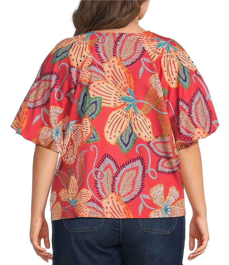 Democracy Plus Size Floral Metal Ring V-Neck Elbow Sleeve Top