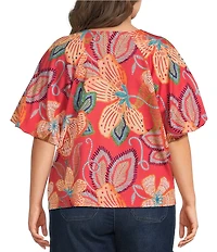 Democracy Plus Size Floral Metal Ring V-Neck Elbow Sleeve Top