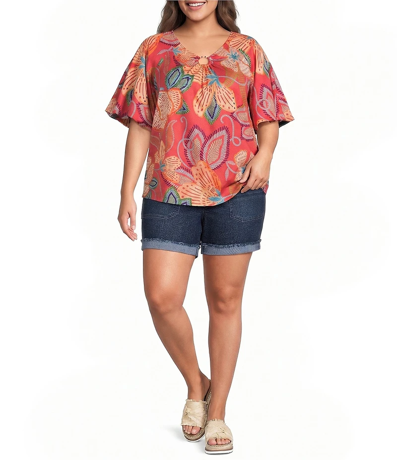 Democracy Plus Size Floral Metal Ring V-Neck Elbow Sleeve Top