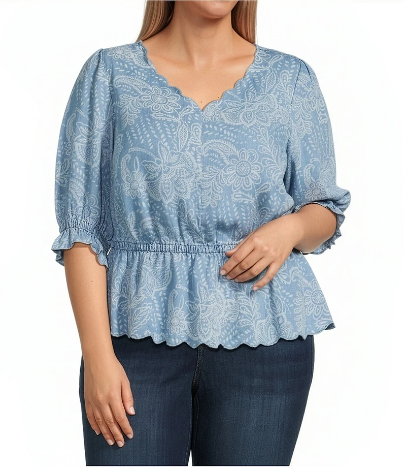 Democracy Plus Size Floral Paisley V-Neck Elbow Sleeve Peplum Top