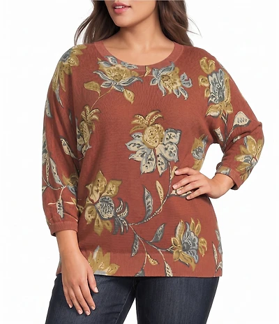 Democracy Plus Size Floral Round Neck 3/4 Dolman Sleeve Sweater