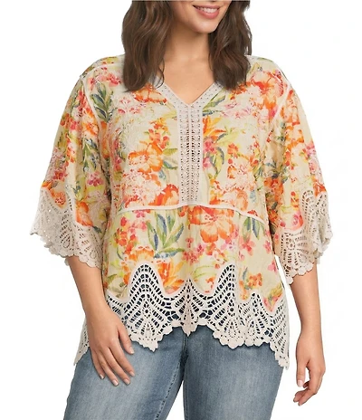 Democracy Plus Size Floral V-Neck 3/4 Sleeve Crochet Peplum Top