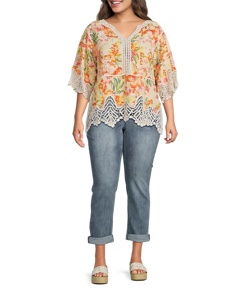 Democracy Plus Size Floral V-Neck 3/4 Sleeve Crochet Peplum Top