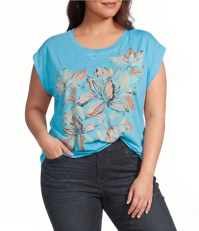 Democracy Plus Size Flower Screen Print Scoop Neck Cap Sleeve Knit Top