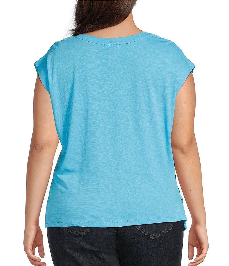 Democracy Plus Size Flower Screen Print Scoop Neck Cap Sleeve Knit Top