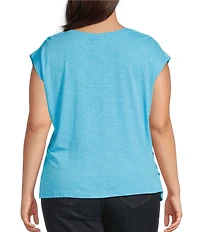 Democracy Plus Size Flower Screen Print Scoop Neck Cap Sleeve Knit Top