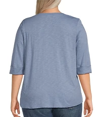 Democracy Plus Size Henley Crochet Neckline Elbow Length Cuffed Sleeve Top
