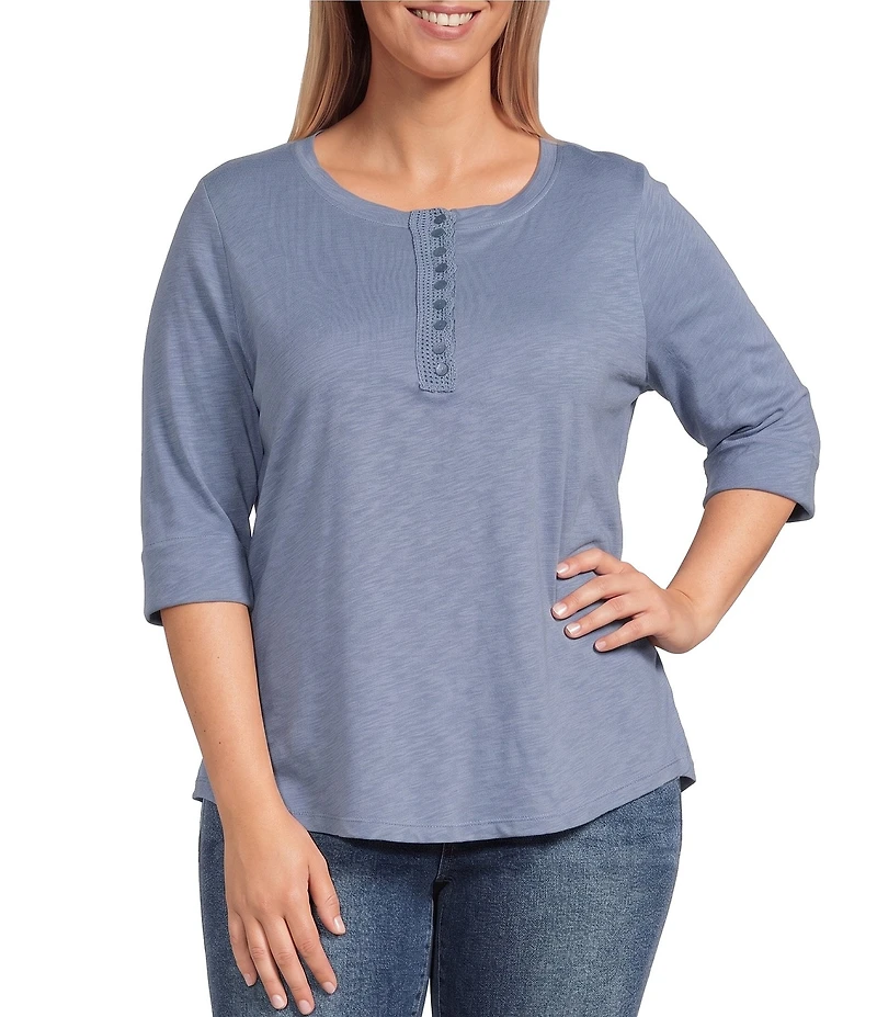Democracy Plus Size Henley Crochet Neckline Elbow Length Cuffed Sleeve Top