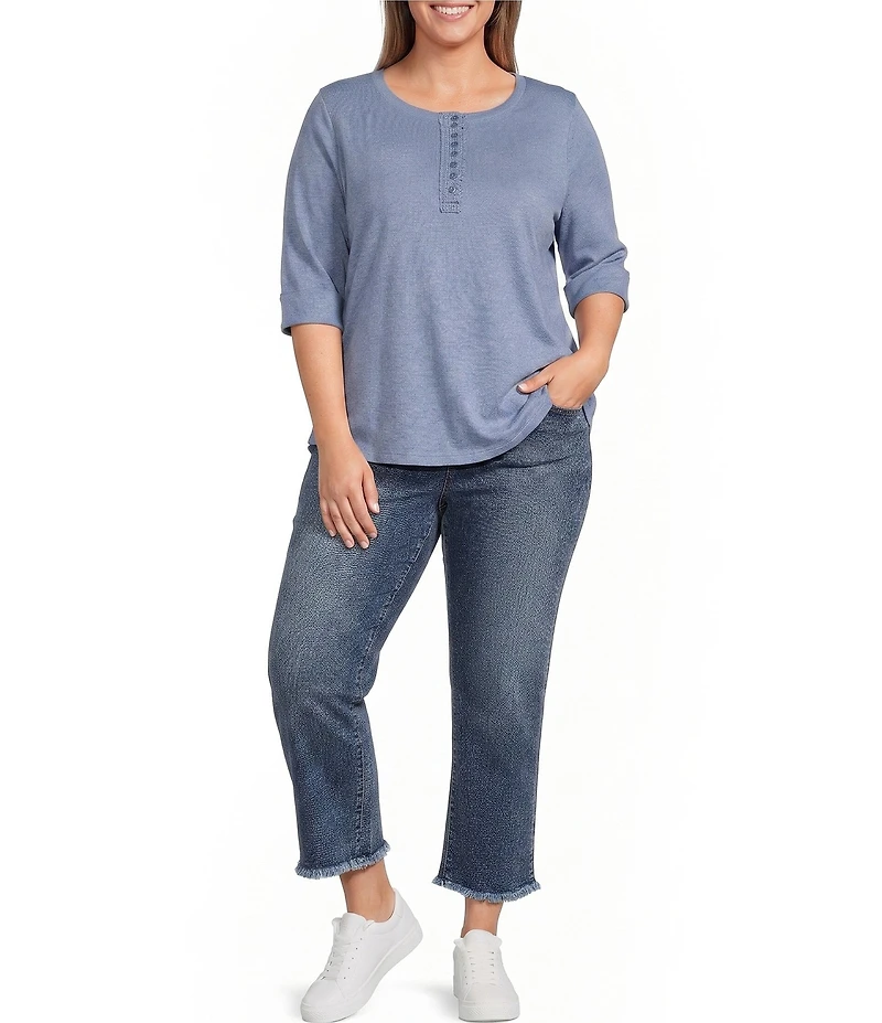Democracy Plus Size Henley Crochet Neckline Elbow Length Cuffed Sleeve Top