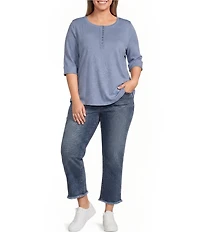 Democracy Plus Size Henley Crochet Neckline Elbow Length Cuffed Sleeve Top