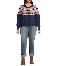 Democracy Plus Size Jacquard Abstract Placement Stripe Round Neck Long Sleeve Snap-Front Sweater Cardigan