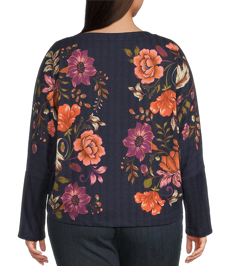 Democracy Plus Size Knit Floral Boat Neck Long Batwing Sleeve Top