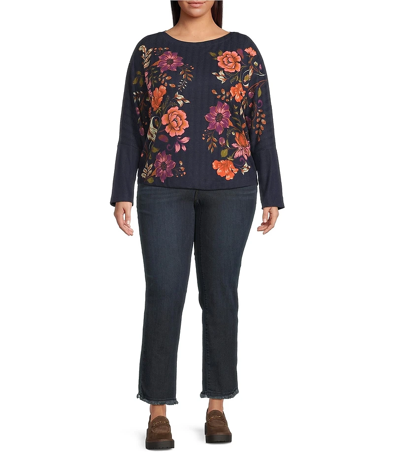 Democracy Plus Size Knit Floral Boat Neck Long Batwing Sleeve Top