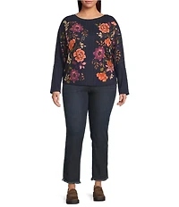 Democracy Plus Size Knit Floral Boat Neck Long Batwing Sleeve Top