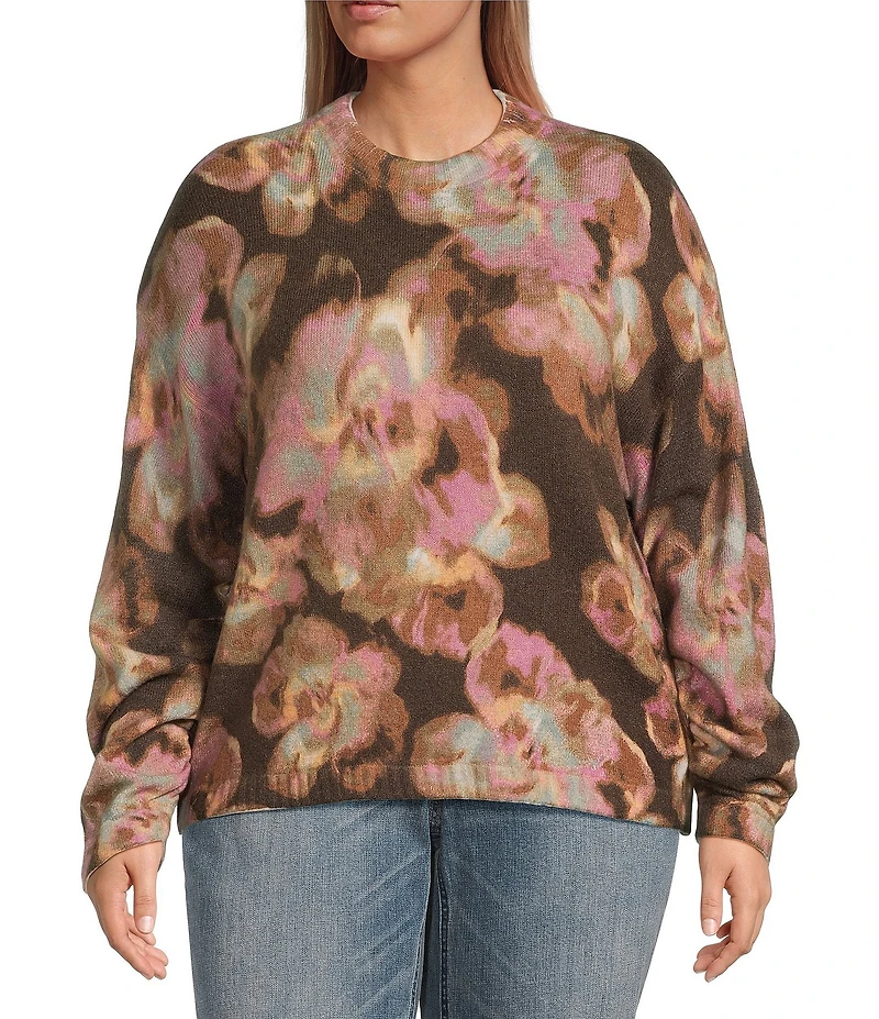 Democracy Plus Size Knit Floral Mock Neck Long Sleeve Sweater