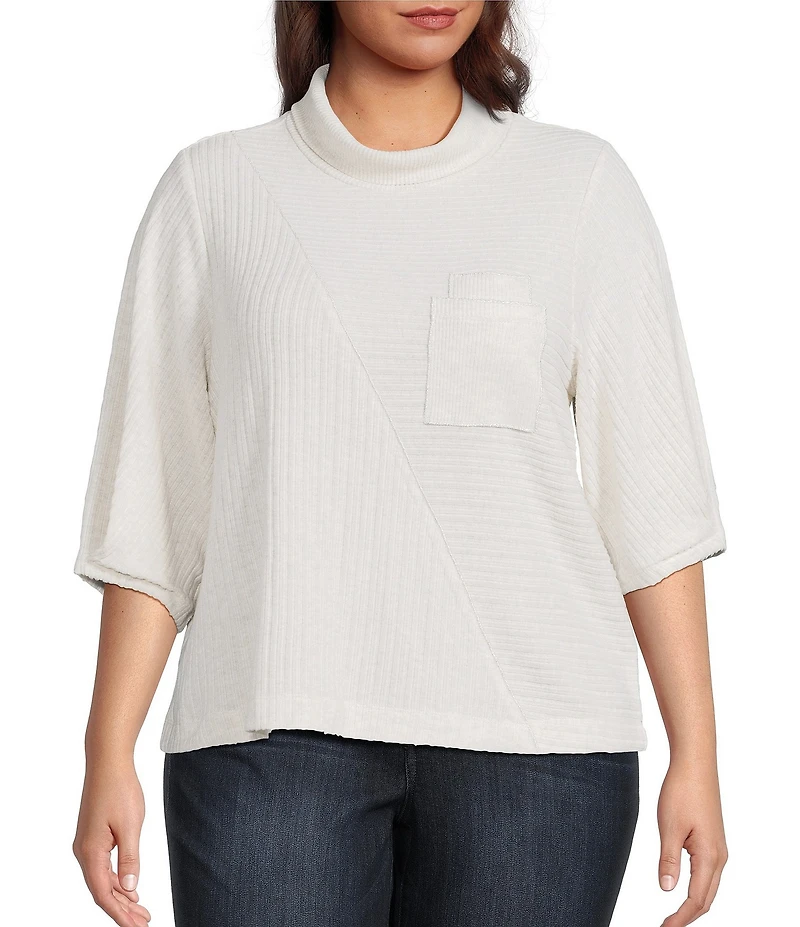 Democracy Plus Size Knit Mock Neck Pleated Elbow Sleeve Chest Pocket Top
