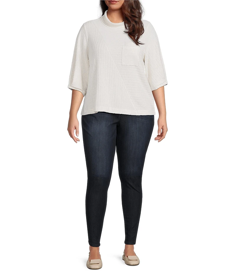 Democracy Plus Size Knit Mock Neck Pleated Elbow Sleeve Chest Pocket Top