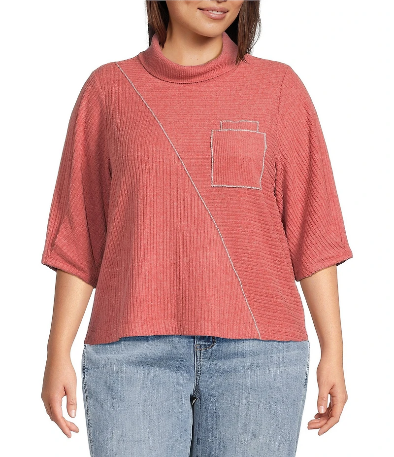Democracy Plus Size Knit Mock Neck Pleated Elbow Sleeve Chest Pocket Top